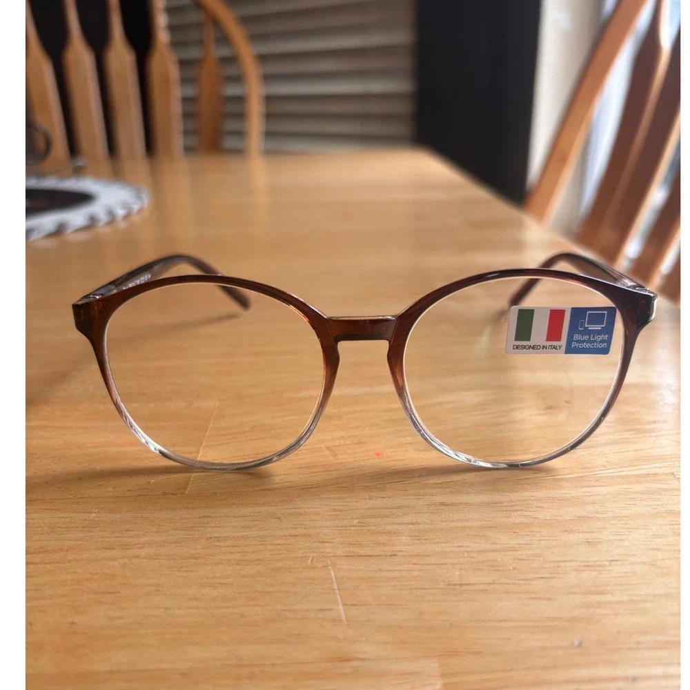 Designed in Italy Blue Light Glasses Unisex OS Brown Gradient NEW Round Frame